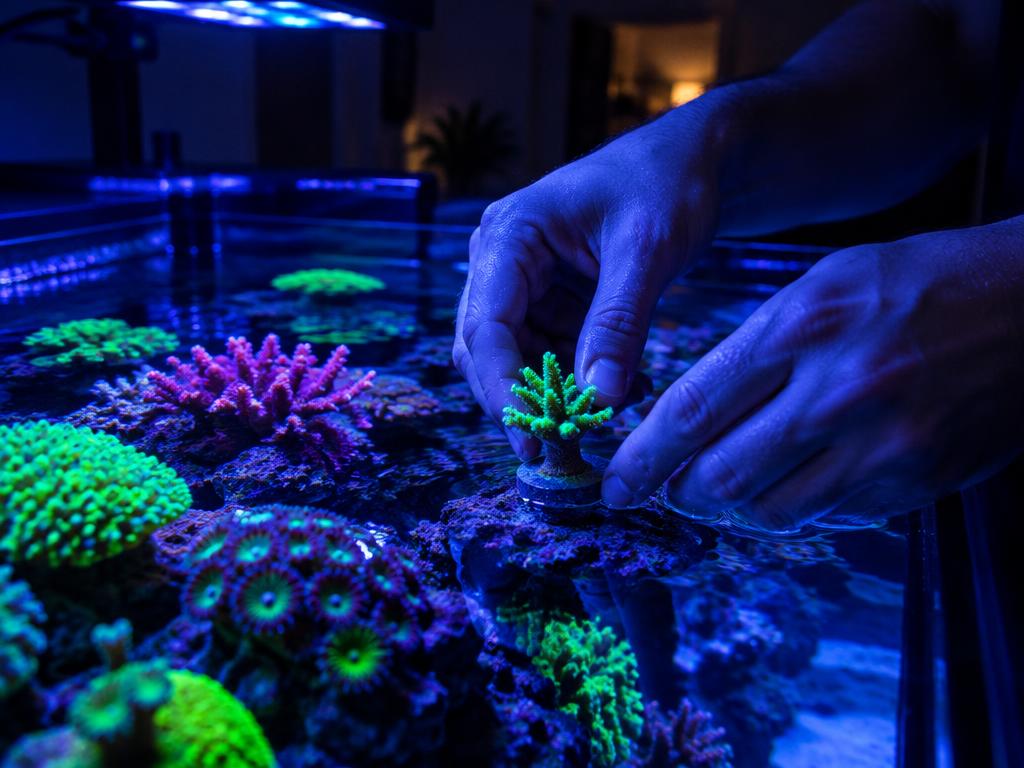 Placing a coral frag into a glowing reef aquarium
