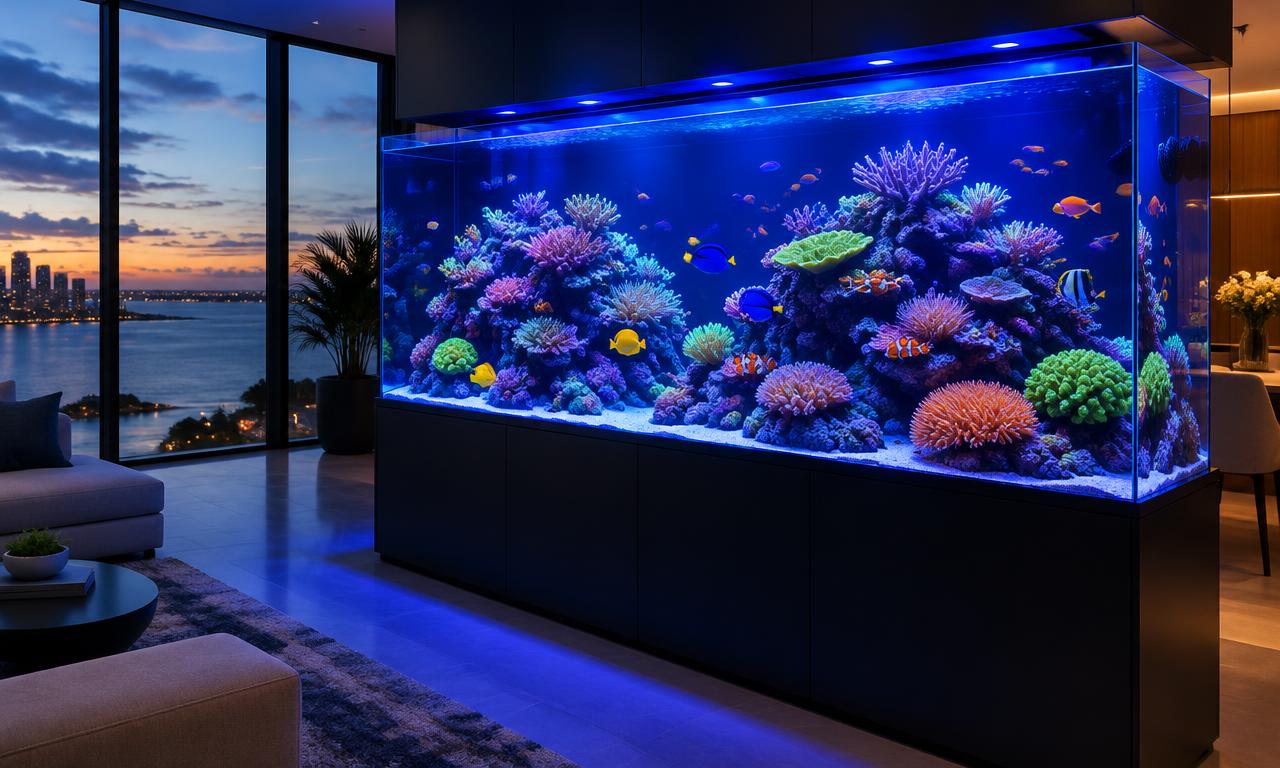 Custom illuminated reef aquarium in a modern home