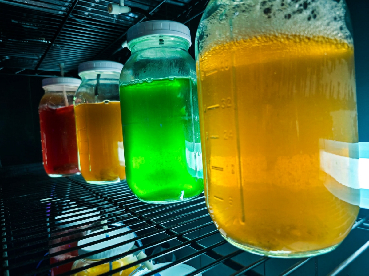 Live phytoplankton cultures in jars