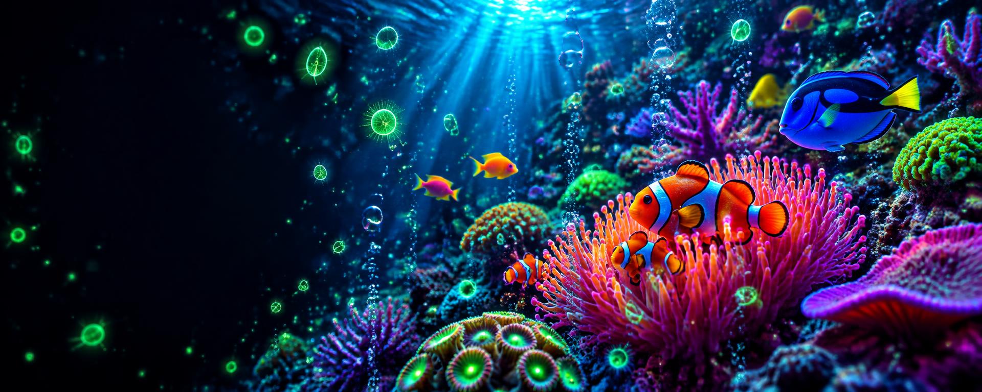 Clownfish, tangs and vibrant corals in a thriving reef aquarium